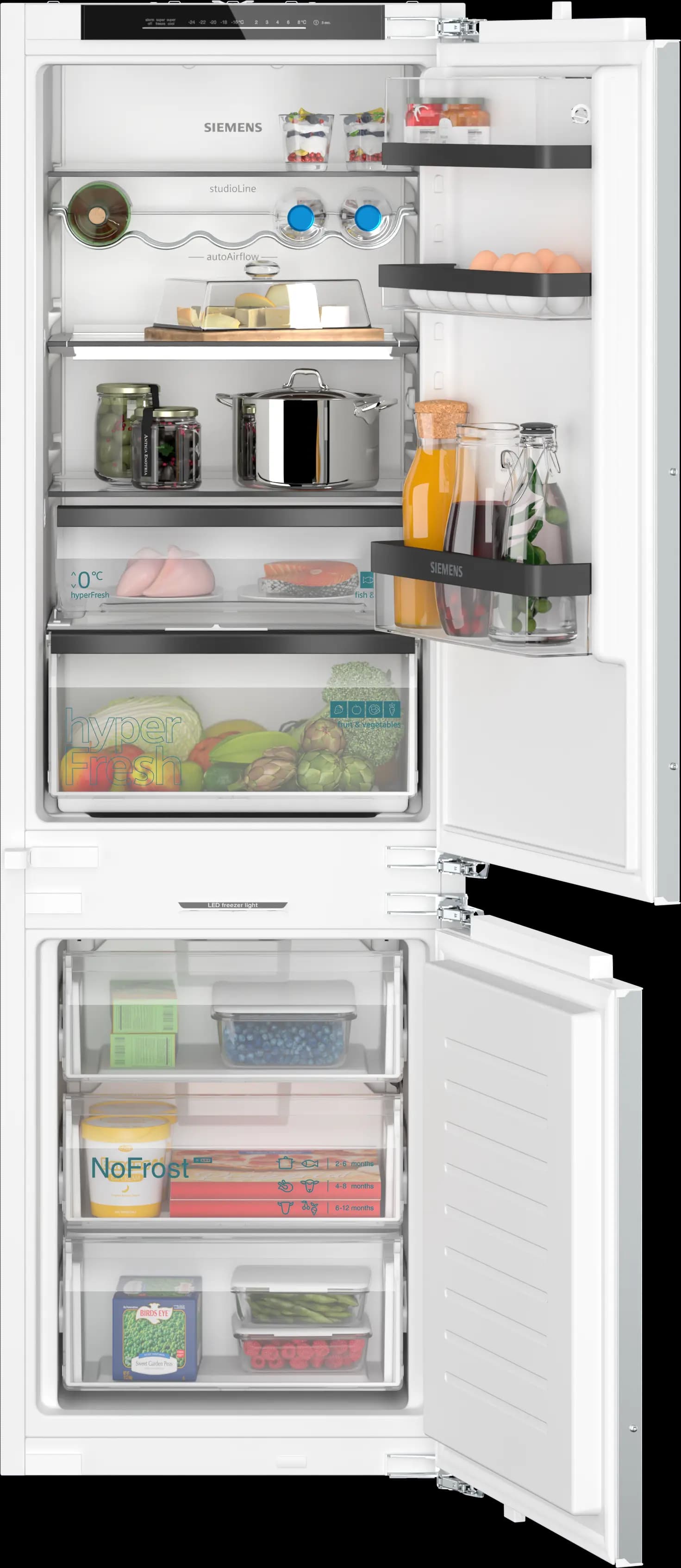 Встраиваемый холодильник Siemens iQ500 / studioLine Встраиваемый комбинированный холодильник с нижней морозильной секцией 177,2 х 55,8 см Плоская петля с ящиком soft-close